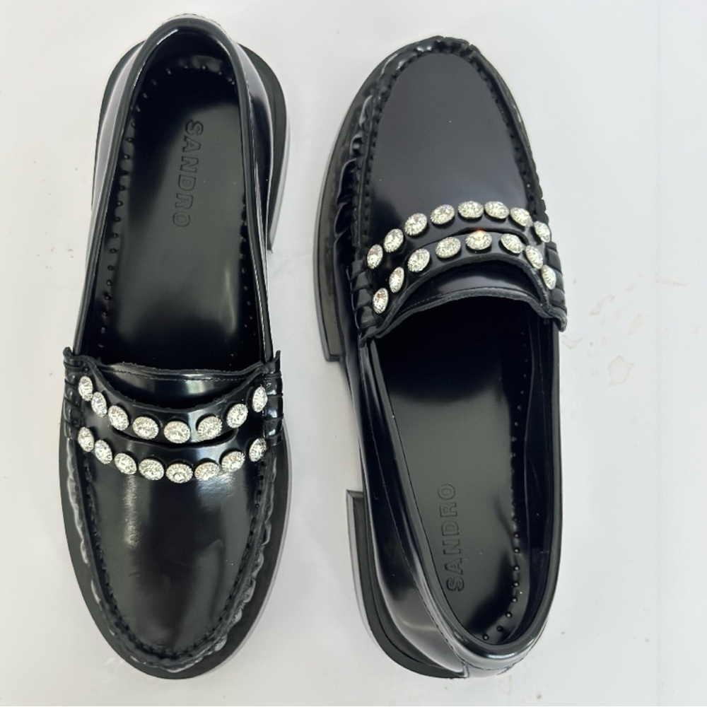 SANDRO Crystal-Embellished Patent-Leather Women’s Black Slip On Loafers Size 5 - Picture 3 of 16